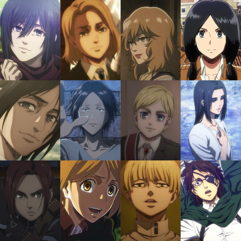 Mikasa Ackerman, Hitch Dreyse, Carly Stratmann, Mina Carolina, Pieck Finger, Ymir, Historia Reiss, Frieda Reiss, Sasha Blouse, Petra Ral, Yelena, And Hange Zoë From Attack On Titan