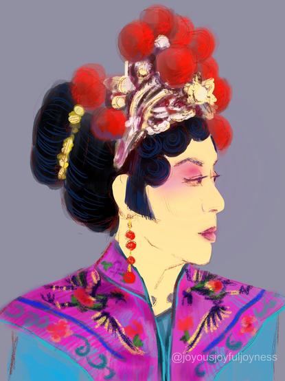 Painting of Michelle Yeoh from the movie Everything Everywhere All At Once in Chinese opera clothing. The artist's signature and @joyousjoyfuljoyness watermark are at the bottom right.