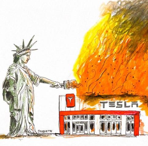 Lady Liberty setting a Tesla dealership on fire