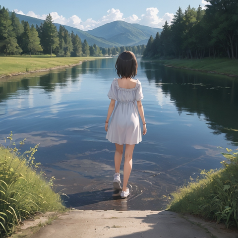 Model: WAI-ANI-NSFW-PONYXL
(anime, cinematic lighting) woman, early springtime, walking near a lake
