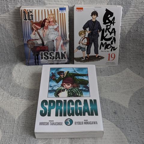 Couvertures des tomes 16 d'Issak et 19 de Barakamon chez Ki-Oon ainsi que du tome 5 de Spriggan chez Panini Manga.