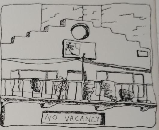 Thumbnail sketch in pen, of a hostel