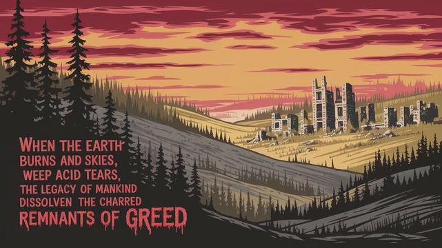 Across most of the image in bold bloody flesh rotting lettering it say's "When the earth burns and the skies weep acid tears, the legacy of mankind dissolves in the charred remnants of greed. A post-apocalyptic wasteland where blazing infernos consume dense forests, the sky stained with toxic hues; a ruined city lies in the distance, hinting at the collapse of civilization.