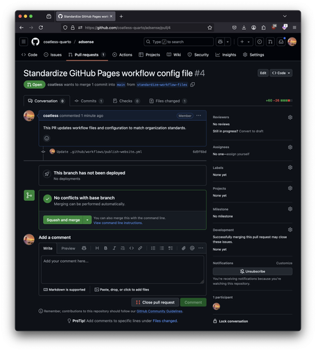 GitHub pull request interface showing PR #4 "Standardize GitHub Pages workflow config file". The PR updates workflow files to match organization standards, modifying .github/workflows/publish-website.yml. The interface shows the PR is open, ready to merge, with no conflicts with the base branch. This demonstrates exactly the type of standardization task that multideploy automates across repositories.