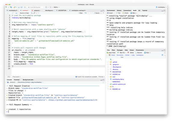 RStudio IDE showing multideploy package in action. The code panel displays R script that loads the package, retrieves repositories matching "adsense", defines file mappings, and creates a standardized pull request. The console shows successful package installation and PR creation output. This demonstrates multideploy's workflow for automating file deployments and PR creation across GitHub repositories.