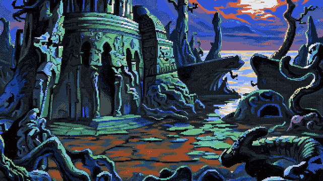 Pixel art of a land exhaling its last breath. Stone, a skeletal hand clutching at a bruised sky, rises in fractured defiance. A circular tower, a hollowed eye socket, surveys a kingdom of cracked earth, thirsty for a memory of rain. Twisted trees, the petrified veins of the world, claw at the fading light. The ground is a map of forgotten sorrows, etched with the calligraphy of drought. Beyond the crumbling walls, water breathes - a liquid mirror reflecting the sun’s final, molten gold. Clouds, bruised plums and fading roses, weep color onto the horizon. An archway, a mouth whispering secrets, frames a sliver of land - a tongue reaching for the water’s embrace. It’s a promise of elsewhere, a fragile bridge between what was and what might be. The stone itself seems to be dissolving into the light, becoming less structure and more a sigh against the coming night. The whole composition is a held breath, a story told in the language of decay.  