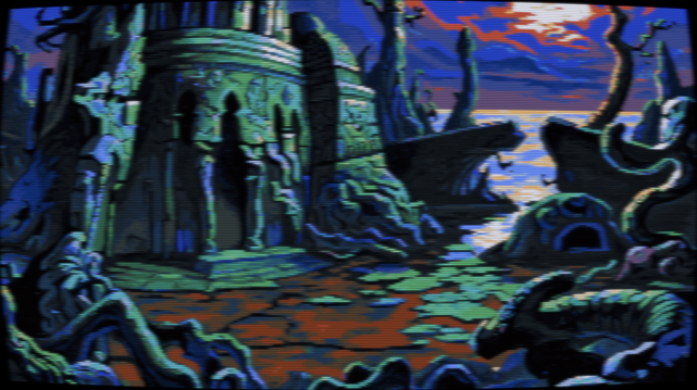 Pixel art of a land exhaling its last breath. Stone, a skeletal hand clutching at a bruised sky, rises in fractured defiance. A circular tower, a hollowed eye socket, surveys a kingdom of cracked earth, thirsty for a memory of rain. Twisted trees, the petrified veins of the world, claw at the fading light. The ground is a map of forgotten sorrows, etched with the calligraphy of drought. Beyond the crumbling walls, water breathes - a liquid mirror reflecting the sun’s final, molten gold. Clouds, bruised plums and fading roses, weep color onto the horizon. An archway, a mouth whispering secrets, frames a sliver of land - a tongue reaching for the water’s embrace. It’s a promise of elsewhere, a fragile bridge between what was and what might be. The stone itself seems to be dissolving into the light, becoming less structure and more a sigh against the coming night. The whole composition is a held breath, a story told in the language of decay. The image has a CRT filter applied.