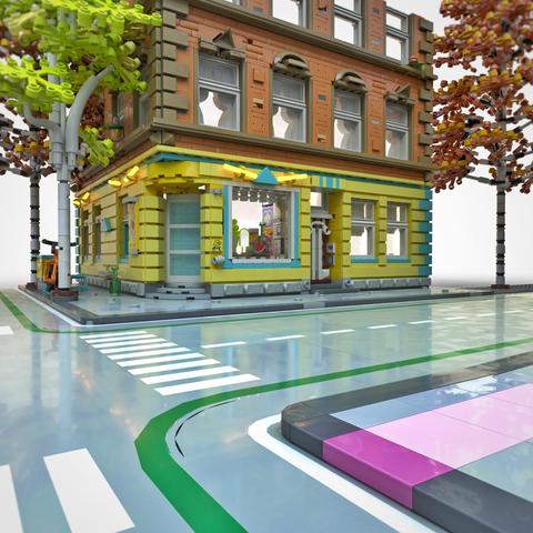 Custom LEGO model of an old yellow painted corner kiosk in Lüneburg, Germany, by Benjamin Albrecht from albrick.de  #lego #legomoc #legofan #legocity #legophotography #albrick #architecture #legomodular #lueneburg #afol