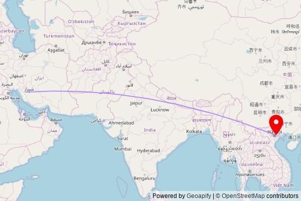 A map showing the great circle route from Kazerun in Iran to a map pin at Chùa Liễn Hạ, Cau River Dyke, Dai Xuan, Quế Võ, Bắc Ninh Province, Vietnam