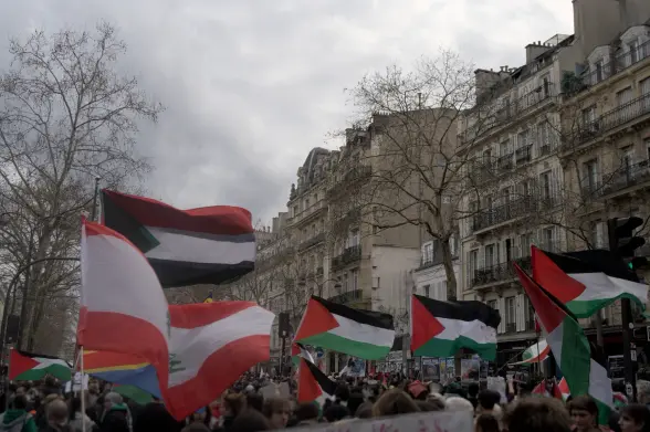 Protesters flying several flags in a Paris street, including the Palestinian, Lebanese and Kanaky flags.