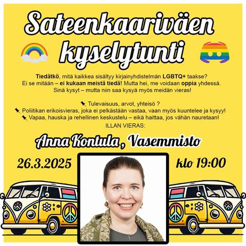  🌈 ke 26.3.2025 klo 19! Illan vieraana kansanedustaja Anna Kontula, Vasemmisto. Tule juttelemaan tasa-arvosta, politiikasta ja yhteisöllisyydestä turvallisessa ilmapiirissä. 🏳️‍🌈✨ Paikka: sateenkaari.info – nähdään linjoilla! 💬 Osallistumisohjeet kommenteissa 👇
Keskustelua ajankohtaisista aiheista, yhteiskunnasta ja vuorovaikutuksesta. Kaikki ovat tervetulleita mukaan.
1️⃣ Liity osoitteesta sateenkaari.info 
2️⃣ Seuraa palvelinta
#lgbtq #sateenkaari