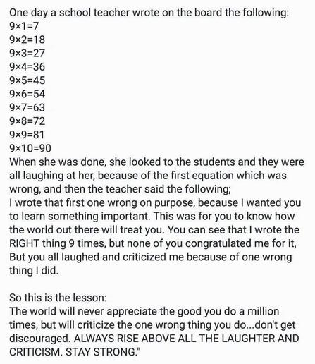 One day a school teacher wrote on the board the following:
9x1=7
9x2=18
9x3=27
9x4=36
9x5=45
9x6=54
9x7=63
9x8=72
9x9=81
9x10=90
When she was done, she looked to the students and they were
all laughing at her, because of the first equation which was
wrong, and then the teacher said the following;
"| wrote that first one wrong on purpose, because I wanted you
to learn something important. This was for you to know how
the world out there will treat you. You can see that I wrote the
RIGHT thing 9 times, but none of you congratulated me for it,
But you all laughed and criticized me because of one wrong
thing I did.
"So this is the lesson:
"The world will never appreciate the good you do a million
times, but will criticize the one wrong thing you do...don't get
discouraged. ALWAYS RISE ABOVE ALL THE LAUGHTER AND
CRITICISM. STAY STRONG."
