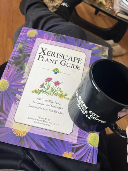 Color photo of a book with a brilliantly purple and yellow bordered book titled “Xeriscape Plant Guide: 100 water-wise plants for gardens and landscapes” resting on my lap. A mug of coffee rests atop the book. 