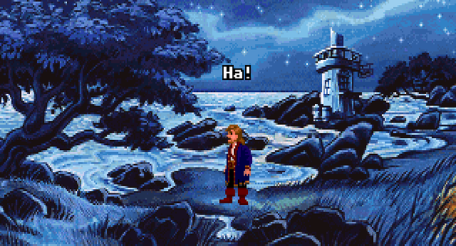 "Monkey Island 2: LeChuck's Revenge" (1991) – Guybrush Threepwood next to the sea at night, saying "Ha!".

I *do* still have the walkthrough printouts I used to complete it back in the day. And I cherish them as if they were part of the game itself.