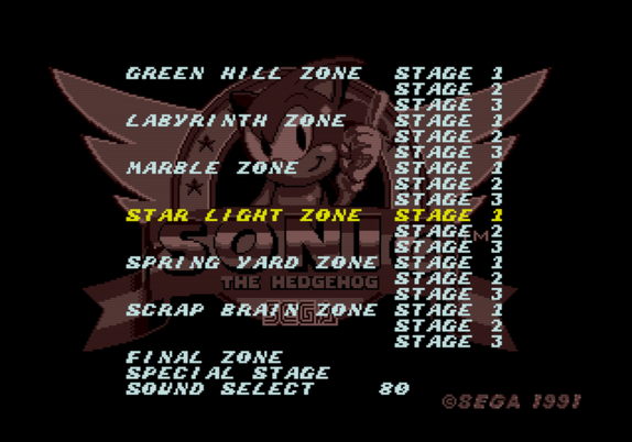 The hidden level selection screen in "Sonic The Hedgehog" (1991).