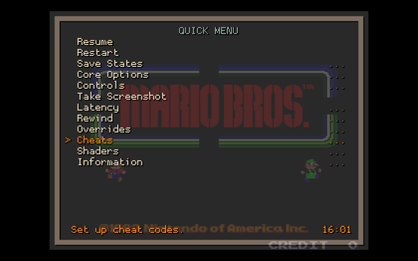 RetroArch's "Quick Menu" with "Cheats" highlighted. I have no cheats installed. 

The running game is "Mario Bros." (1983), which is very hard and almost begs for cheat codes. But savestates is as far as I'm willing to go to recover some fun out of its brutal difficulty.