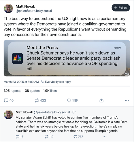 The best way to understand the U.S. right now is as a parliamentary system where the Democrats have joined a coalition government to vote in favor of everything the Republicans want without demanding any concessions for their own constituents.
