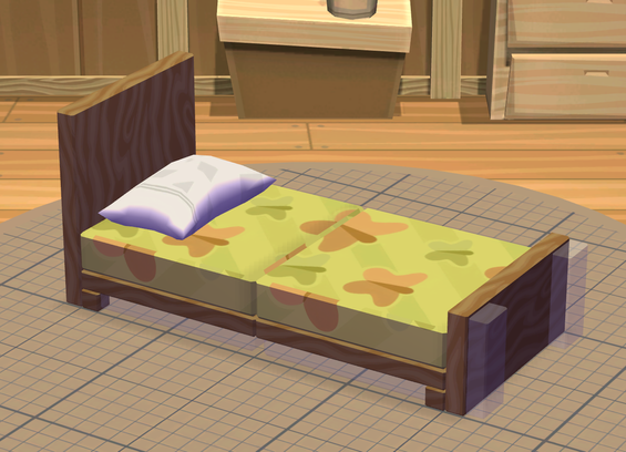 A screenshot of MySims. The player is building a bed, however the blueprint is using painted slabs of wood instead of a mattress.