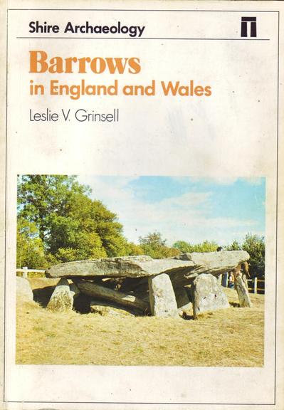The front cover of Barrows in England and Wales by Leslie V. Grinsell. White with title in orange and a colour photo of Arthur's Stone burial chamber at Dorstone in Herefordshire.