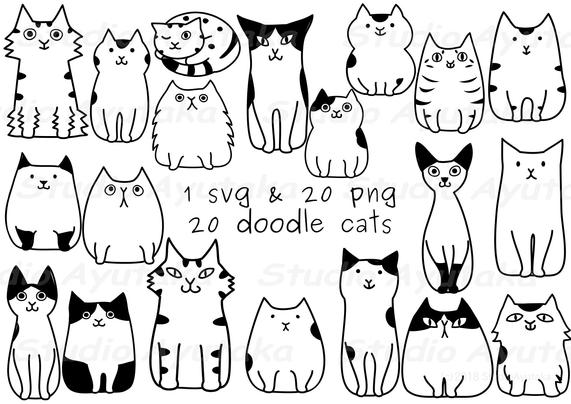 a set of funny doodle cats line art.