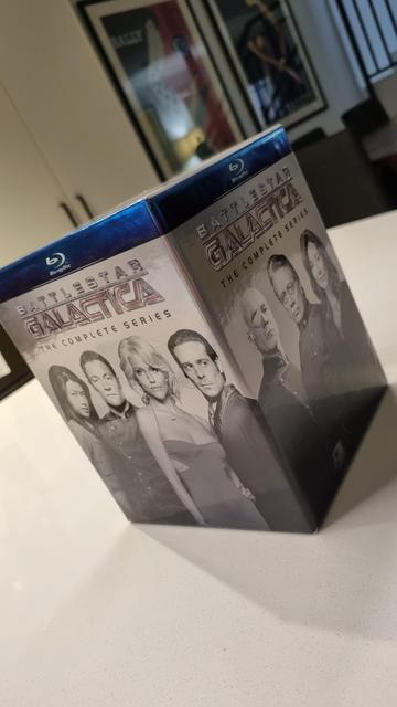 Blueray boxset of Battlestar Galactica on bench