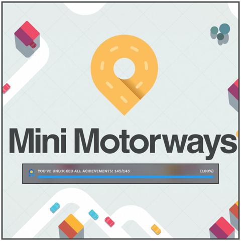 A image showcasing the title of a game called "Mini Motorways" and an overlay showcasing the achievement of completing 100% of the game.