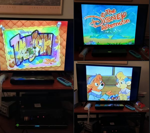 The transfer of a DVD+R of a recording of a Disney Afternoon broadcast of the TaleSpin episode, Save the Tiger, to a blank VHS.