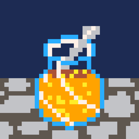 Pixel art of a glass, pot-bellied jar filled with apricot jam. A silver spoon protrudes from the jar. The jar sits on a cobblestone surface.