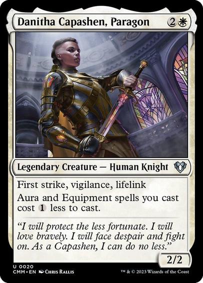 Card Name: Danitha Capashen, Paragon
Set: Commander Masters
Description: First strike, vigilance, lifelink
Aura and Equipment spells you cast cost {1} less to cast.
Artist: Chris Rallis