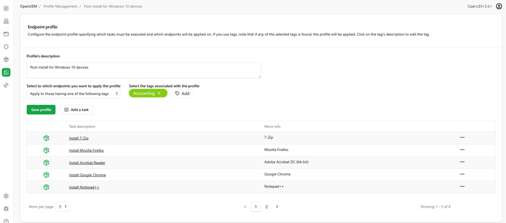 OpenUEM Profiles view from the console
