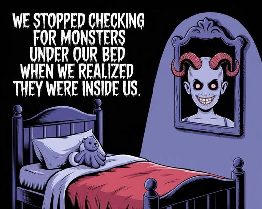 ​In the dimly lit child's bedroom, the nightlight casts faint shadows across the room. The unmade bed, with a favorite stuffed animal resting on the pillow, suggests recent occupancy. On the wall, an old mirror reflects not the empty bed, but a sinister version of the child with hollow, dark eyes and a twisted, malevolent grin, symbolizing the darkness within. #HorrorArt #DarkArt #Creepy #Spooky #DigitalArt​