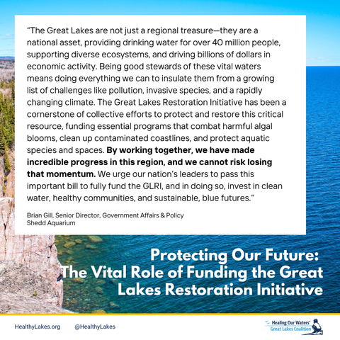 A view of Lake Superior on a bright sunny day with overlay text that includes a quote from Brian Gill, Senior Director, Government Affairs & Policy, Shedd Aquarium. The quote is too long to fit into the alt text restrictions but speaks to the importance of protecting the Great Lakes Restoration Initiative for drinking water, ecosystems, and economic activity, and how it has brought together many people. 