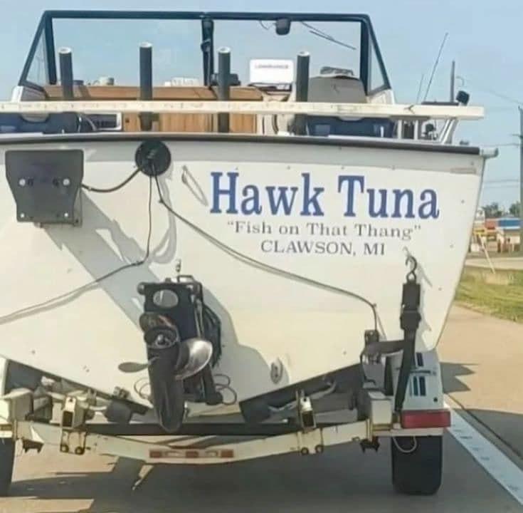 A boat in a trailer

The boat is named "Hawk Tuna" which is a play on the Hawk Tua meme from mid 2024