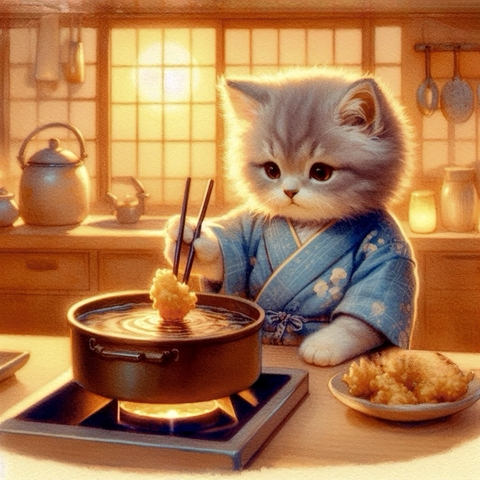 夕暮れの日本家屋の厨房で、青い割烹着を着た灰色の子猫が真剣な表情で海老天ぷらを箸でつまみあげている様子。