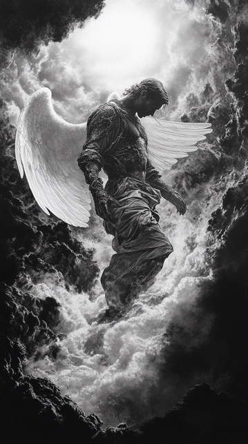 an angel man fell from heaven / haunting black and white imagery / a unique depth-mapping technique / an intricate blend of drawing, airbrush and gouache painting combined with computer graphics / eerie / macabre / mysterious / ominous / supernatural --ar 9:16