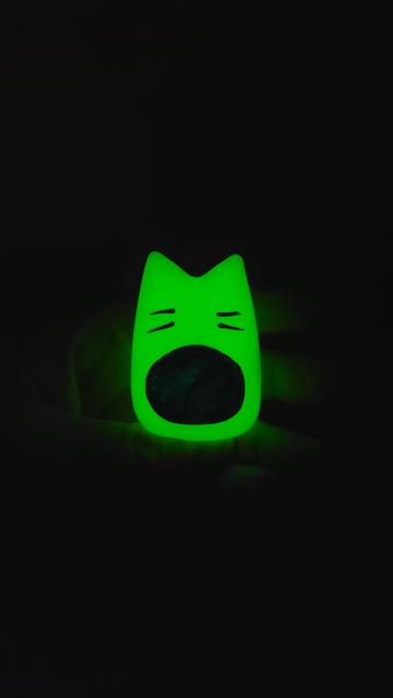 Le même gardien vu dans le noir total, il brille d'une lumière verte fluo, son ventre et ses moustaches peintes forment un motif noir.
