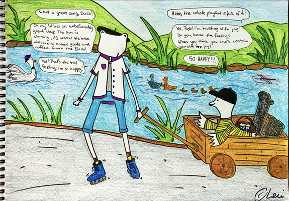 Spring is here! Fiete and Duck make the most of the beautiful days and go on a picnic! Our lazy duck can of course be pulled in the handcart while Fiete skates in the warm sun! And because the two of them have excellent taste in music, Duck has put together a whole playlist of spring songs!  The story 🐸: What a great song, Duck!  🦆: Hehe, the whole playlist is full of it!  🐸; Oh my! What an unbelievably great day! The sun is shining, it’s warm! We have delicious baked goods and coffee from the Birch!  🦆: Yes, Fiete! I‘m bursting with joy! Do you know the feeling? When you think you can’t contain yourself for joy?  🐸: Yep! That’s the best feeling! I’m so happy!  🦆: SO HAPPY!!!  #fieteandduck #comic #duck #frog #dailycomic #travel #dreaming #coffee #mentalhealthmatters #mentalhealthawareness #introvertlife #ambivertlife #coffee #coffeelove