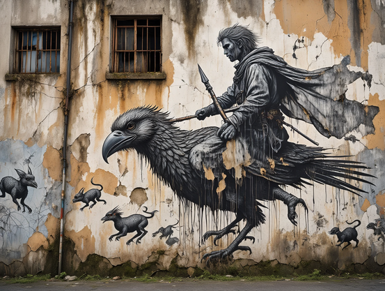 A heavily weathered monochromatic street art mural depicts a fantasy warrior riding a giant bird with elaborate feather detailing, where the warrior, rendered in severely faded black silhouette against a heavily stained beige concrete wall, wields a long spear and wears flowing garments with a billowing cape. Large sections of the paste-up are peeling away, revealing layers of the wall beneath. Multiple small creatures run alongside the main figures across the wall's extensively deteriorated surface. The artwork's intricate black linework and cross-hatching techniques are broken by deep cracks and extensive peeling, with substantial portions missing entirely. Two rectangular windows integrate into the composition - one window featuring rusted metal security bars while the other remains unobstructed. Water damage has created long dark streaks down the wall's surface, cutting through the artwork. Years of sun exposure have bleached large areas, while bottom sections show extensive deterioration with pronounced moss growth and mineral deposits. The complete mural spans the full height of the wall, with the warrior and bird figures still discernible despite significant degradation. Large-scale street art photography with sharp contrast and precise focus to capture the extreme temporal wear of the artwork.