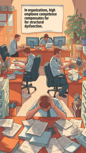 In a warmly lit office, stressed employees hunch over cluttered desks under the glow of soft, inviting light, papers scattered around them, creating a chaotic yet familiar scene. In the background, a large poster reads "In organizations, high employee competence compensates for structural dysfunction."