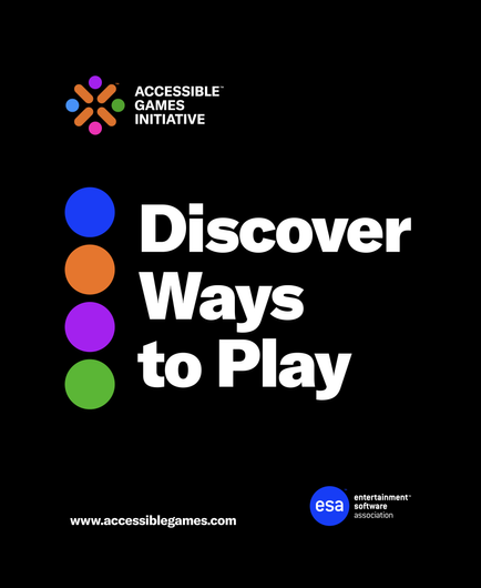 Graphic of the Accessible Games Initiative logo on a black background with the text “Discover Ways to Play” below. Next to the text are blue, orange, purple, and green dots.