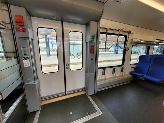 Vertical hooks next to the doors in the regional train.