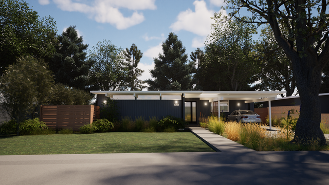 3D rendering of a single-story mid-century modern home with a modern pergola and an open carport with privacy slats.