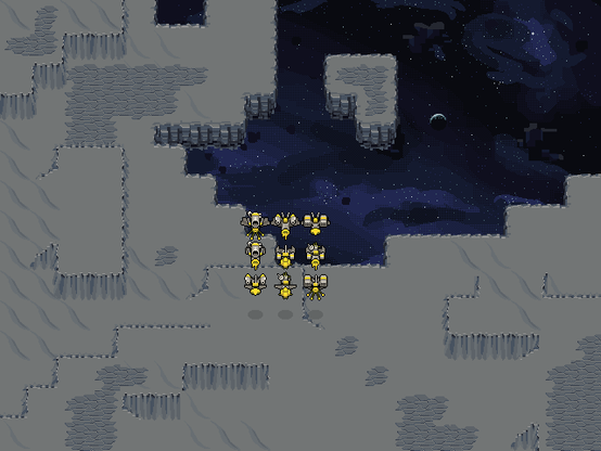 Top-down RTS mockup set in space. There are nine spaceships all facing south. The background is a large asteroid with some space peeking out from the north-east corner.