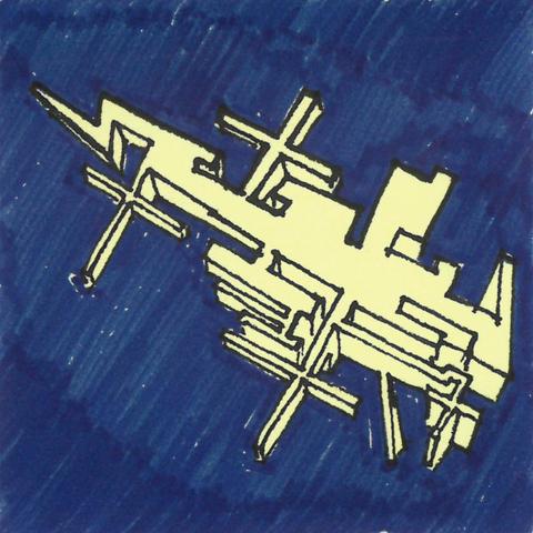 Dessin sur post it, structure 3d chaotique étendant ses ramifications vers les bords du papier.
Traits noirs, fond bleu.