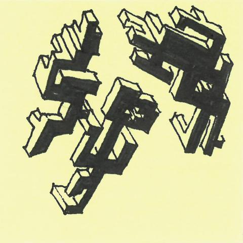 Structure dans un espace non défini. Effet de perspective renforcé par une face sombre.
Le post it est jaune et les traits sont noirs.