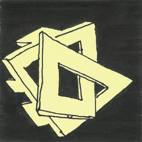 Structure en 3d représentant un boucle cassée infinie. Le volume est enroulé sur lui même.
La couleur est jaune sur fond noir.