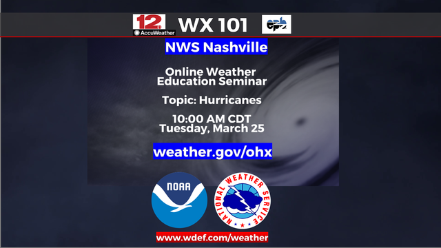 Online #WeatherEducation program #Weather101 from NWS Nashville returns Tuesday morning at 10AM CDT --- Topic: hurricanes. 

Find out more about the many other upcoming topics and register for the classes at  https://www.weather.gov/ohx/weather101 
