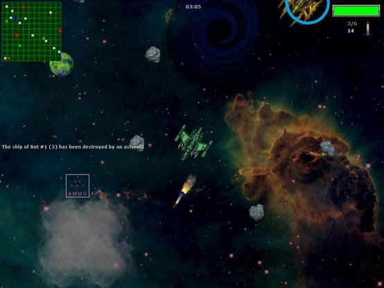 A space ship flying in an area, firing a missile.