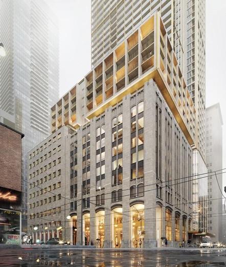 A rendering of a modern high-rise building merges with a historic brick structure, showcasing a mix of architectural styles. The lower section has large arched windows and decorative detailing, while the upper portion is sleek and contemporary. The environment is urban with a misty atmosphere.
