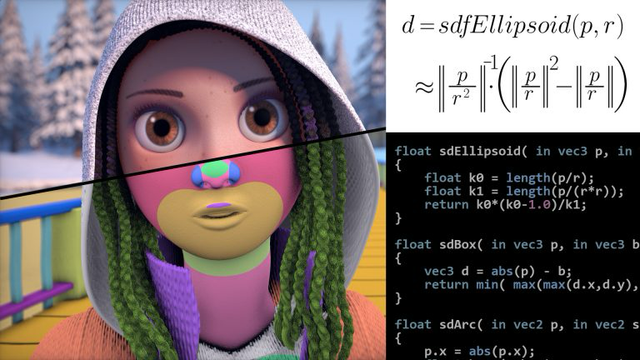 A graphic showing a computer-generated rendering of a young woman with braids and a hoodie, and some of the equations involved in rendering her, in math notation as well as GLSL code.